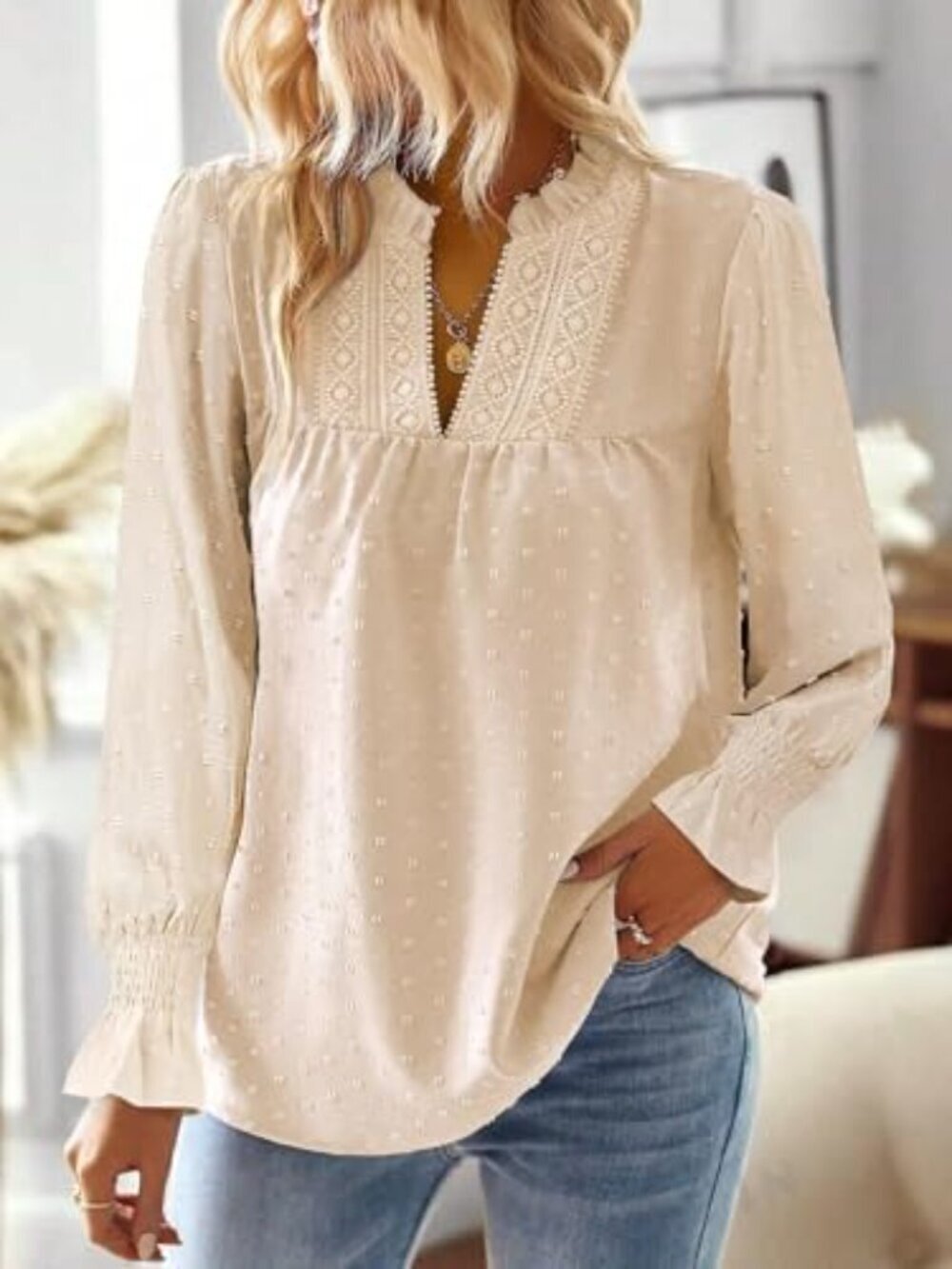 🆕 Boho Tops for Women V Neck Blouses Flowy Swiss Dot Dressy Casual Lace Womens - Picture 2 of 6